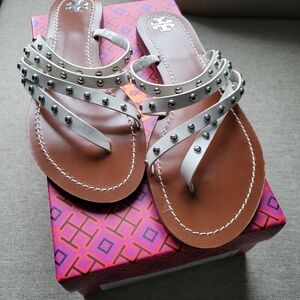 Tory Burch Patos White and Tan Studded Leather Sandals